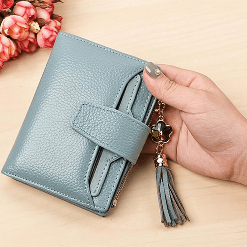 Women Casual Genuine Leather Purse 19 Card Slot Tassel Short Wallet - MRSLM