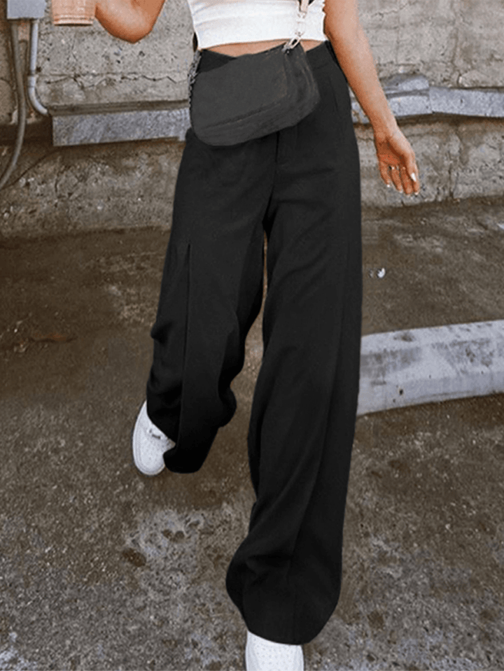 Women Solid Color High Waist Wild Casual Loose Wide Leg Pants - MRSLM