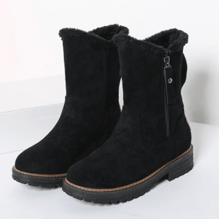 Women Casual Suede round Toe Side Zipper Flat Snow Boots - MRSLM