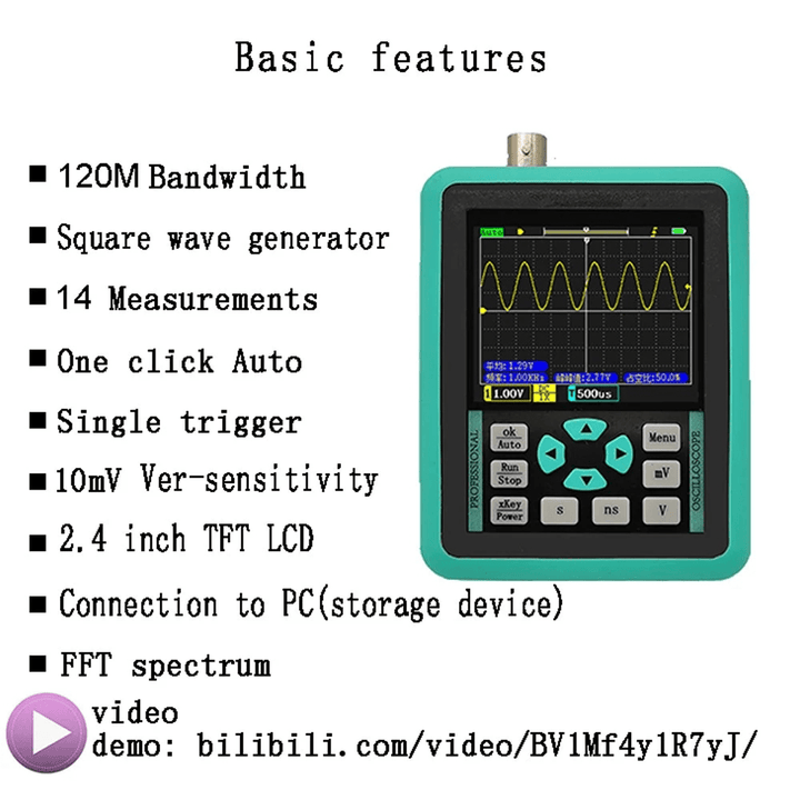 Handheld Mini Digital Oscilloscope with 2.4 Inches TFT Color LCD Screen 120M Bandwidth 500M Sampling Rate for Maintenance and DIY Electronic Test - MRSLM