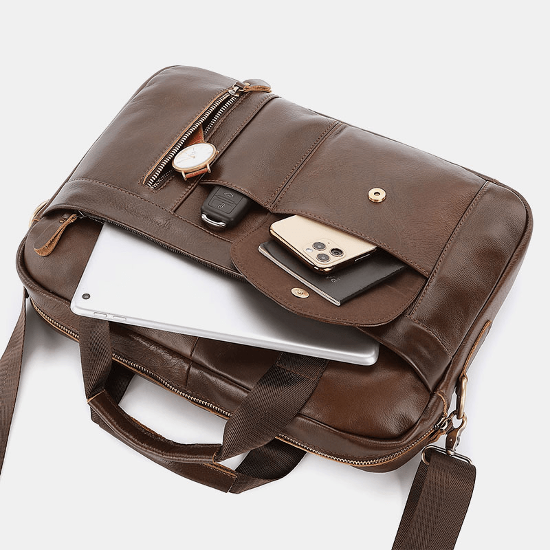 Men Genuine Leather Multi-Pocket Vintage 14 Inch Laptop Bag Briefcases Crossbody Bag Shoulder Bag Handbag - MRSLM