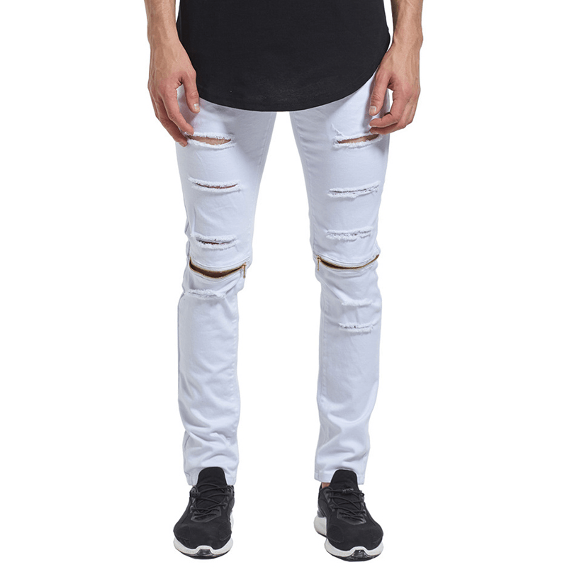 Skinny Hip Hop Ripped Knee Zipper Jeans - MRSLM