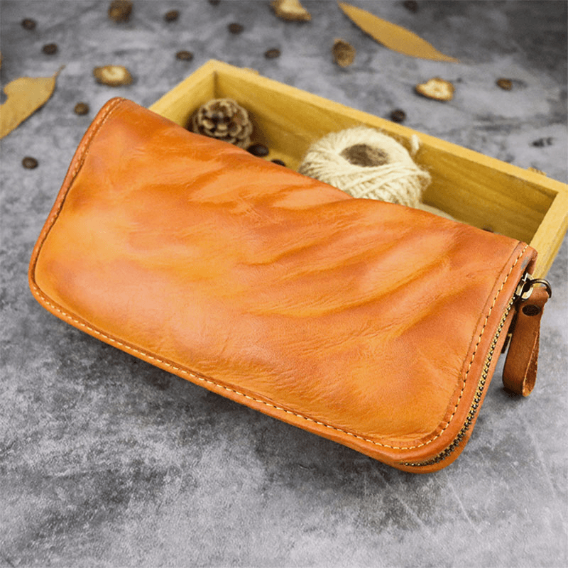 Men Genuine Leather Made-Old Fold Mark Large Capacity 5.5 Inch Phone Bag Clutch Wallet - MRSLM