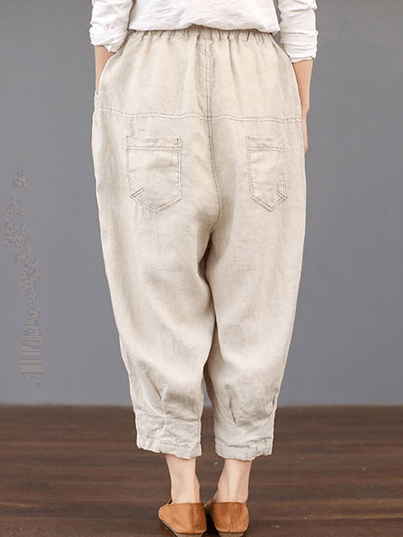 Women Solid Color Elastic Waist Loose Cotton Pants - MRSLM