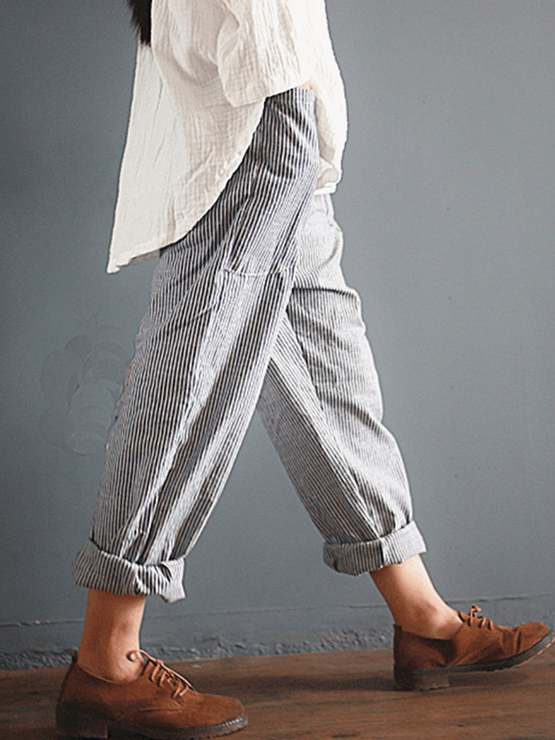 S-5XL Casual Stripe Pocket Elastic Waist Women Harem Pants - MRSLM