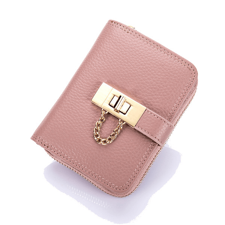 Women Genuine Leather Zipper Card Holder Chain Lock Short Purse Wallets - MRSLM