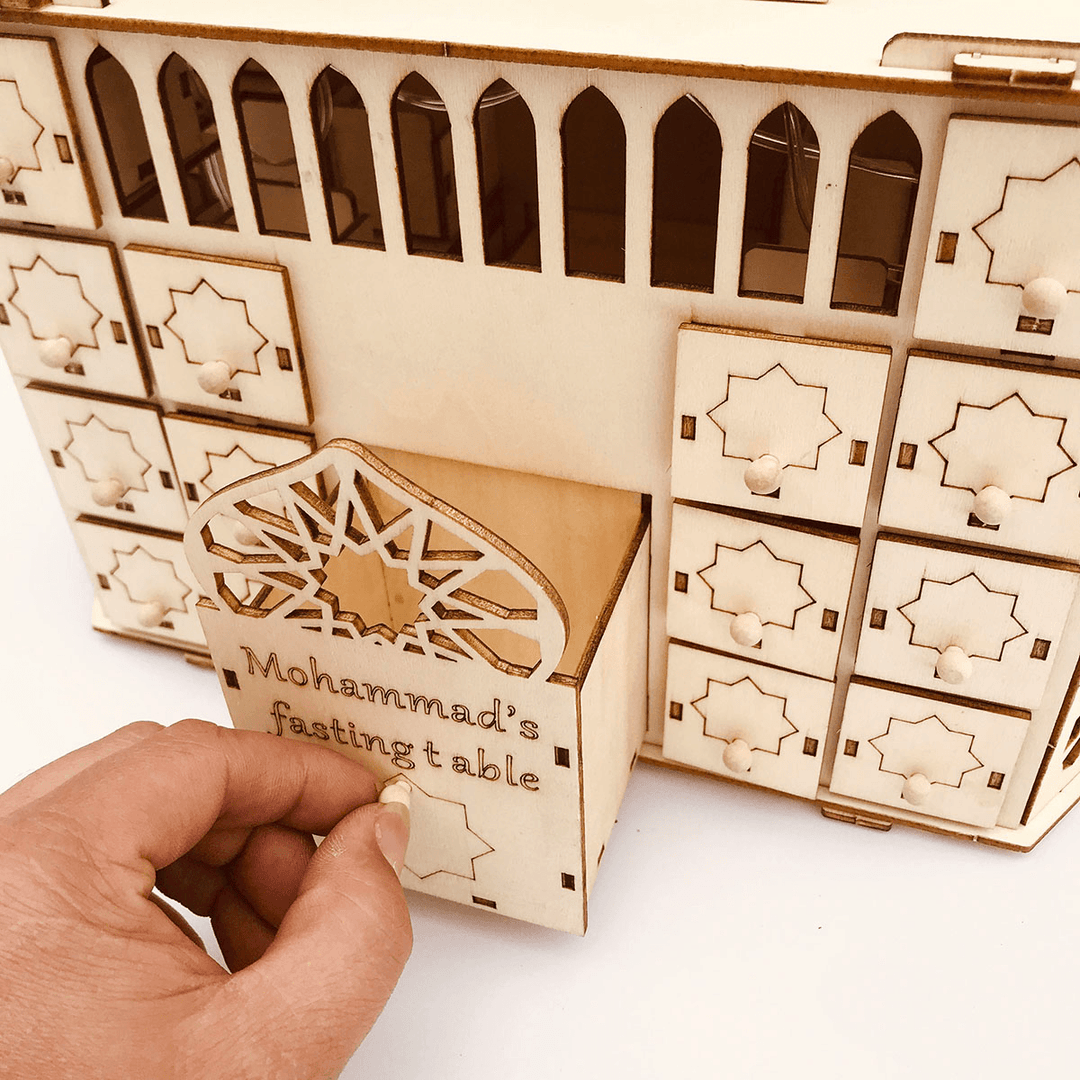 Wooden Mubarak Ramadan Advent Calendar 30 Day House Drawer LED Decor - MRSLM