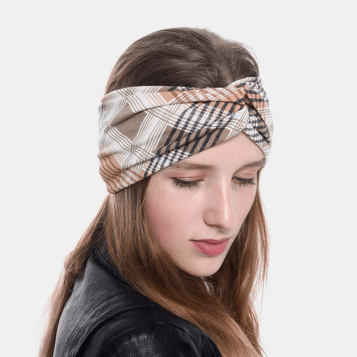 Women Lattice Leaf Printing Outdoor Sport Headdress Elastic Cross Tie Hair Band Headband - MRSLM