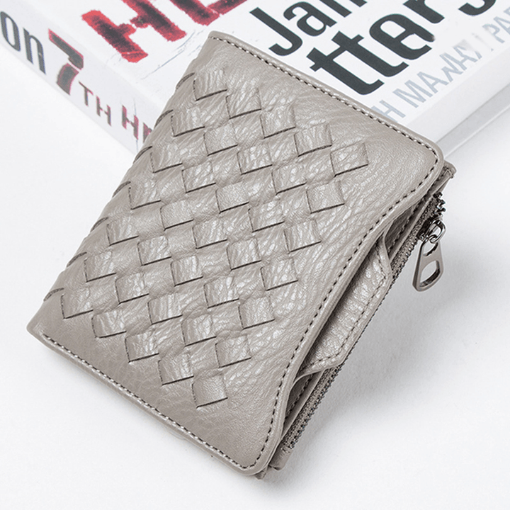 Women PU Leather Woven Pattern Short Wallet Credit Card Holder Coins Bag - MRSLM