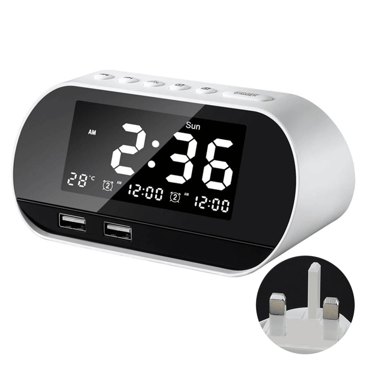 Dual Home FM 2 Puertos USB Phone Charger Raido Multifunctional Alarm Clock All-In-One Design with Wireless Speaker Office Brightness Adjustable LCD Display Permanent Calendar - MRSLM