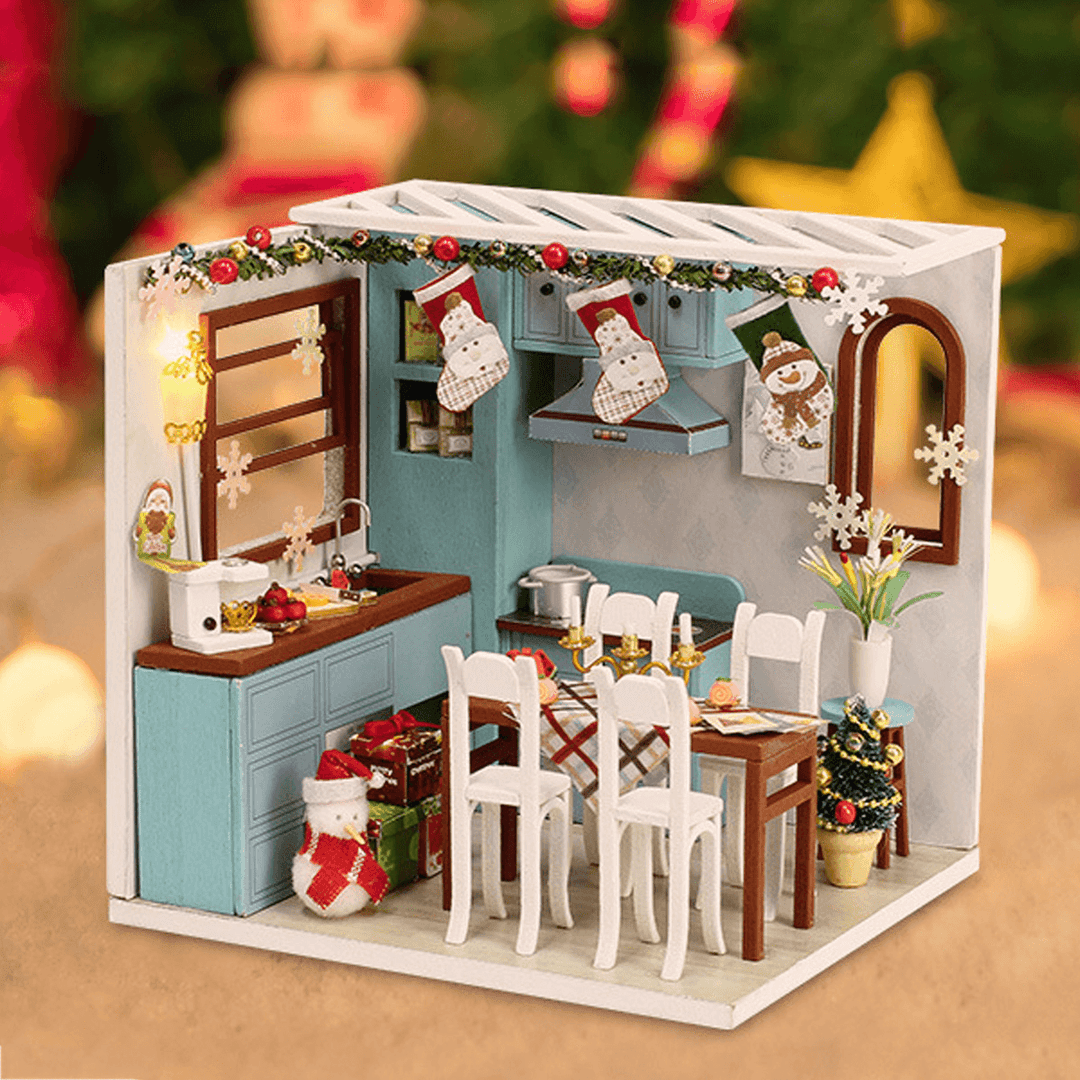 Wooden Dining Room DIY Handmade Assemble Doll House Miniature Furniture Kit Education Toy with LED Light for Collection Birthday Gift - MRSLM