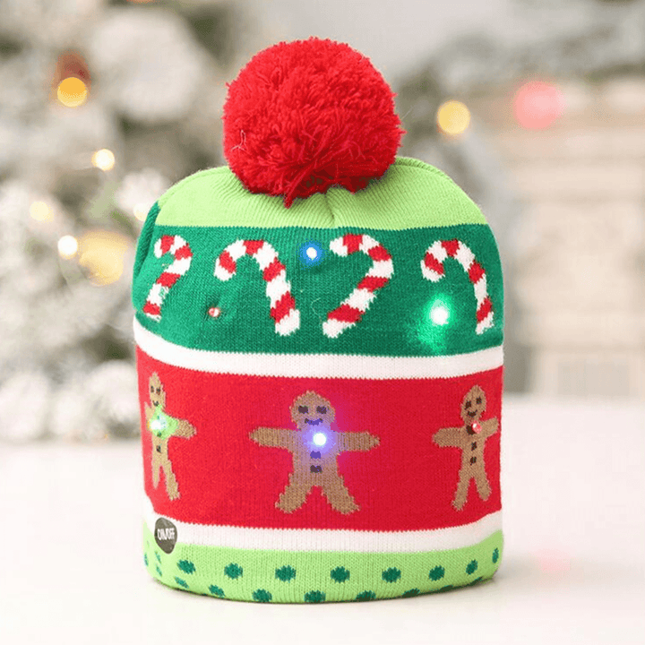 Christmas LED Light Winter Warm Beanie Cap Santa Claus Snowflake Knitted Hat - MRSLM