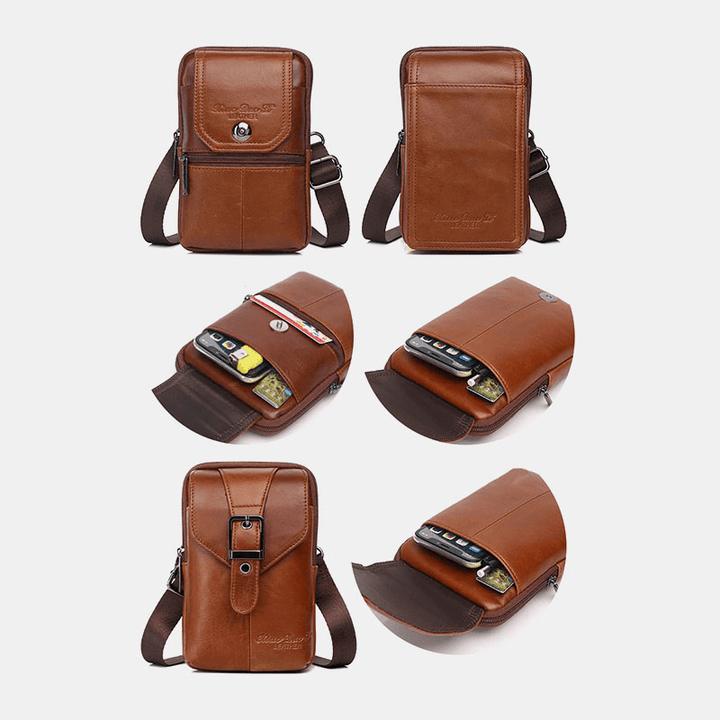 Men Genuine Leather Vintage Multi-Card Slot 6.5 Inch Mini Phone Bag Crossbody Bag Waist Bag Cowhide Bag - MRSLM