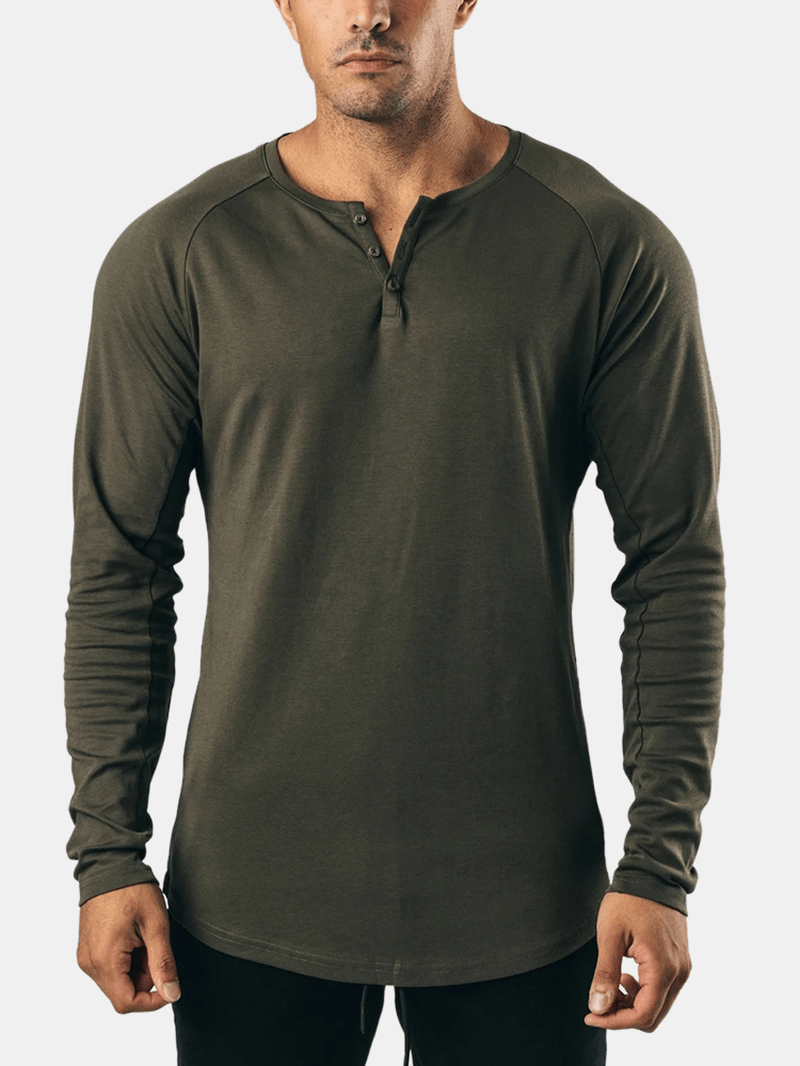 Mens Cotton Solid Color Button round Neck Long Sleeve Basic T-Shirt - MRSLM