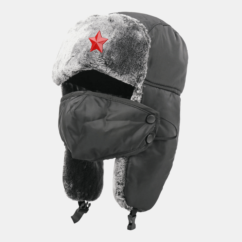 Men Solid Soviet Badge Windproof Trapper Hat Outdoor Thicken Ear Protection Warm Russian Hat Ushanka Hat - MRSLM