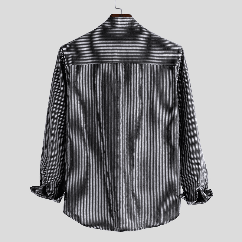 Mens Collarless Shirts Vintage Striped Shirt Grandad Button down Linen Loose Top - MRSLM