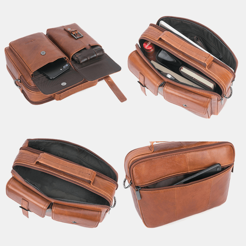 Men Genuine Leather Multi-Function Retro Large Capacity Handbag Shoulder Bag Cross Body Bag - MRSLM