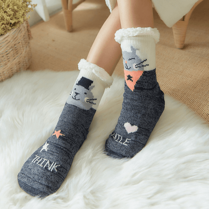 Women Warm Winter Outdoor Christmas Style Cartoon Animals Pattern plus Velvet Thicken Home Sleep Socks Tube Socks - MRSLM