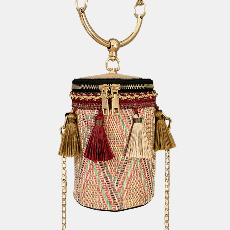 Women Summer Tassel Chains Straw Handbag Crossbody Bag Shoulder Bag - MRSLM