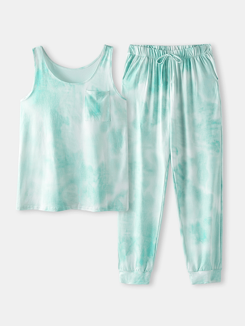 Tie Dye Print Sports Loungewear Set Tank Top Beam Feet Sleeveless Two-Piece Set - MRSLM