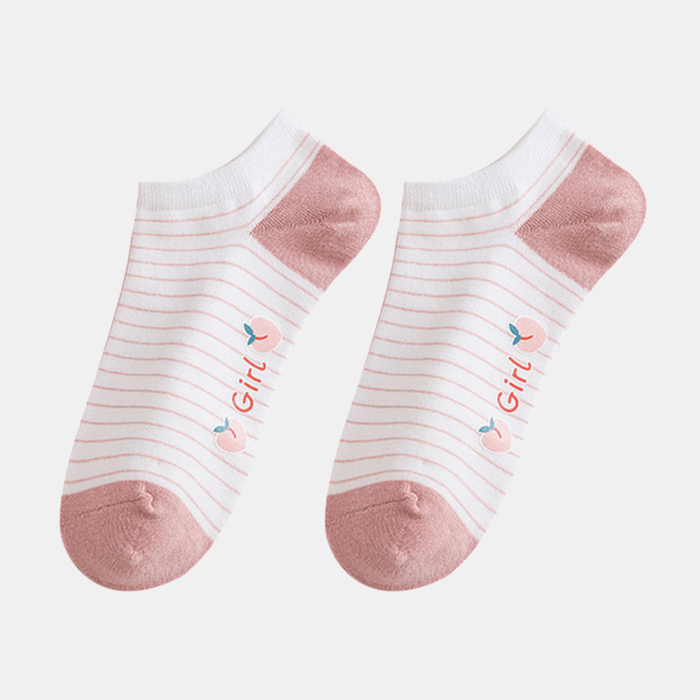 3 Pairs Women Letters Print Stripes Argyle Breathable Cotton Peach Socks - MRSLM