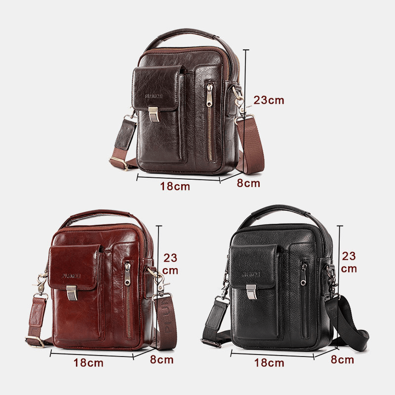 Men Genuine Leather Cowhide Multi-Function Large Capacity Crossbody Bag Shoulder Bag - MRSLM