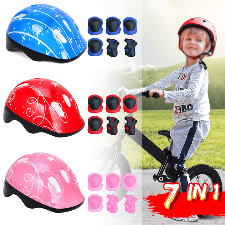 7 in 1 Kids'S Balance Bike Helmet Kits with Protect Knee Wrist Elbow Pads Roller Skating Protective Equipment for Toddlers 4-16 Years Old Children - MRSLM