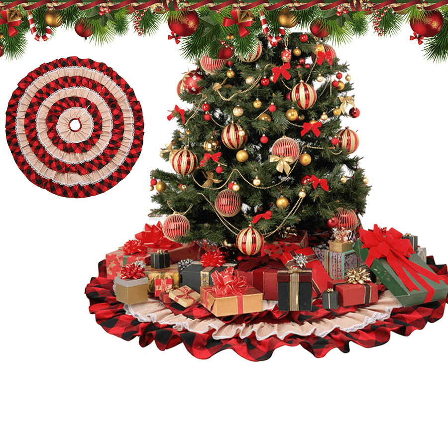 2020 Christmas Tree Skirts Red Cake Plaid Lace Carpet round Linen Apron New Year Blanket Home Parties Decoration - MRSLM