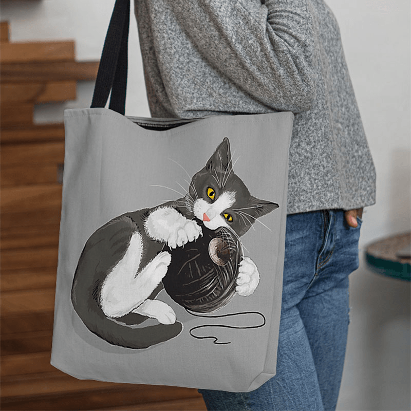 Women Felt Cute Cartoon Cat Playing Wool Ball Printing Pattern Casual Shoulder Bag Handbag Tote - MRSLM