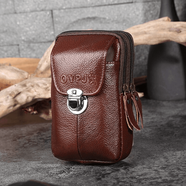 Men Genuine Leather Retro Business Waterproof 6.3 Inch Phone Bag Waist Bag with Belt Loop - MRSLM