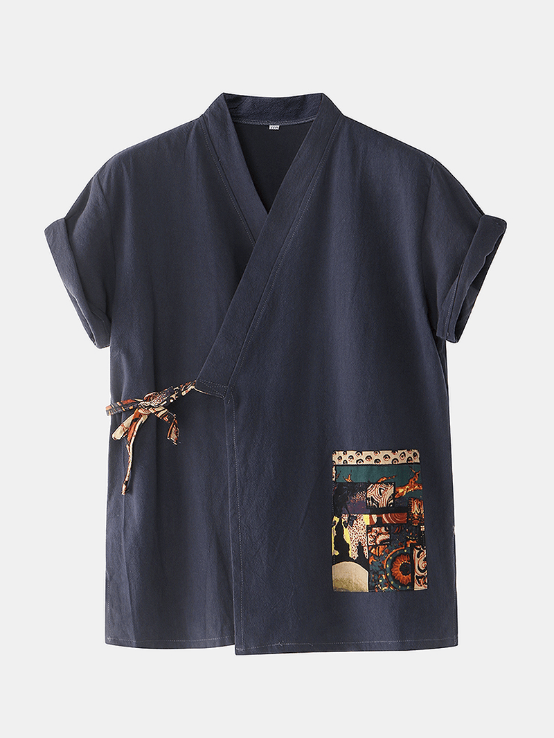 Mens Cotton Vintage Print V-Neck Tie Side Kimono Relaxed Fit Short Pajamas Sets - MRSLM