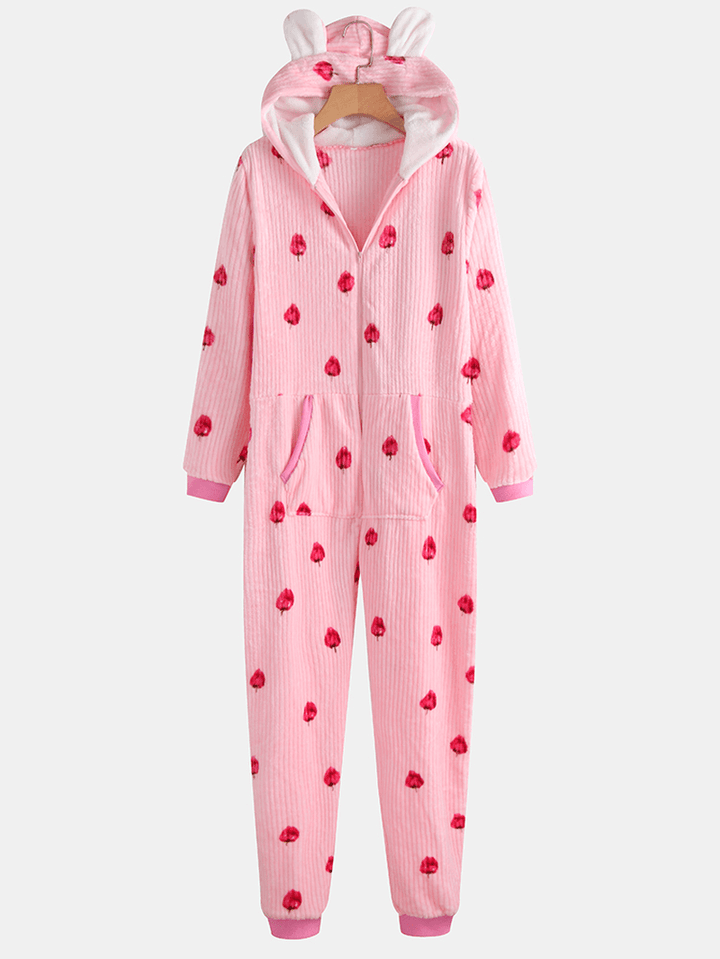 Hoodie Front Zipper Long Sleeve Flannel Printing Jumpsuits with Pocket Pajama Set - MRSLM