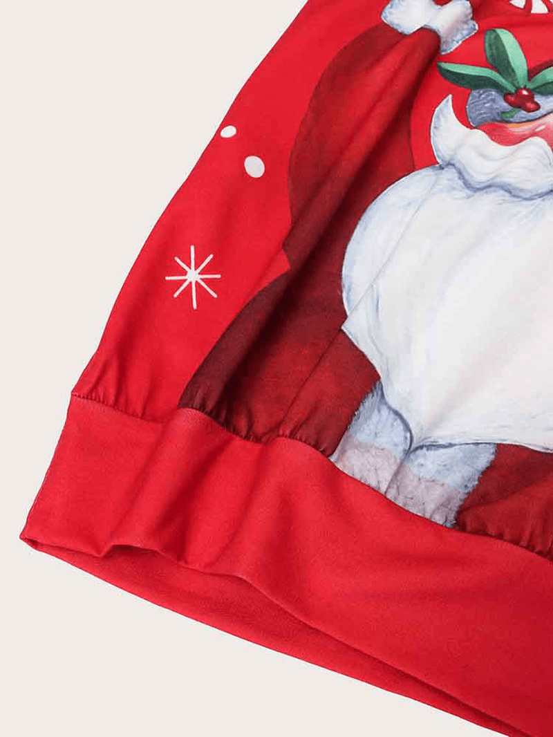 Women Christmas Santa Claus Pattern Side Pockets Long Sleeve Casual Hooded Sweatshirt - MRSLM