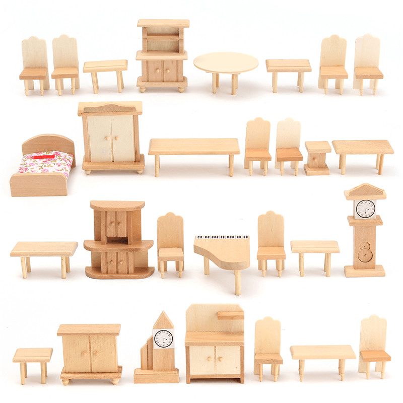 New 29 Pcs 1:24 Scale Dollhouse Miniature Unpainted Wooden Furniture Model Suite - MRSLM