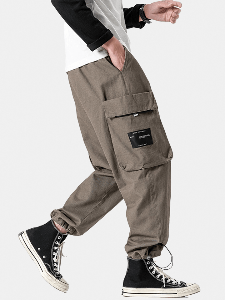 Mens Push Buckle Waist Cargo Style Drawstring Cuff Pants with Pocket - MRSLM