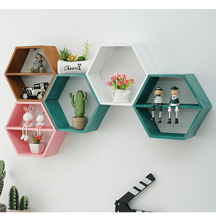 Hexagon Wall Mounted Shelf Rack Decorative Frame Wall Punch-Free Bookshelf Decorations Display Stand Organizer for Office Home Living Room Bathroom - MRSLM