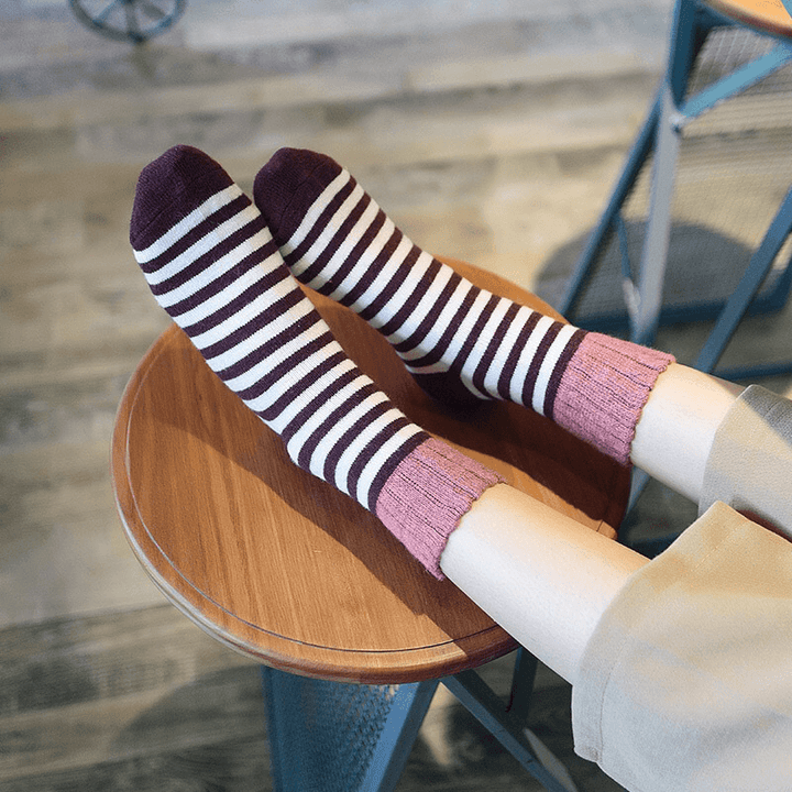 Women High Cuff Mouth Striped Wool Socks - MRSLM