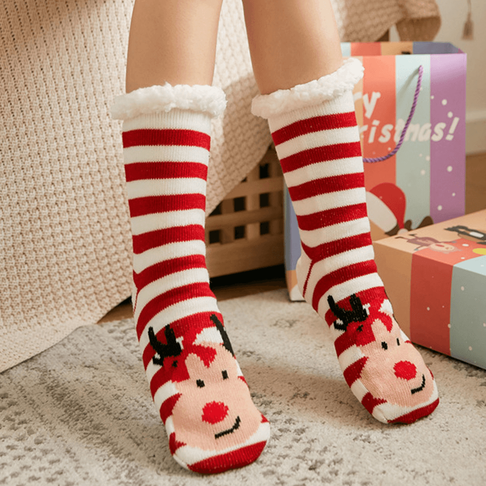 Women Warm Winter Outdoor Christmas Style Stripe Elk Pattern plus Velvet Thicken Home Sleep Socks Tube Socks - MRSLM