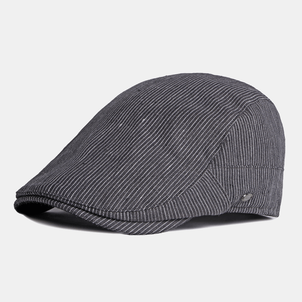 Men Cotton Linen Pinstripe Beret Cap British Retro Metal Label Adjustable Casual Flat Cap - MRSLM