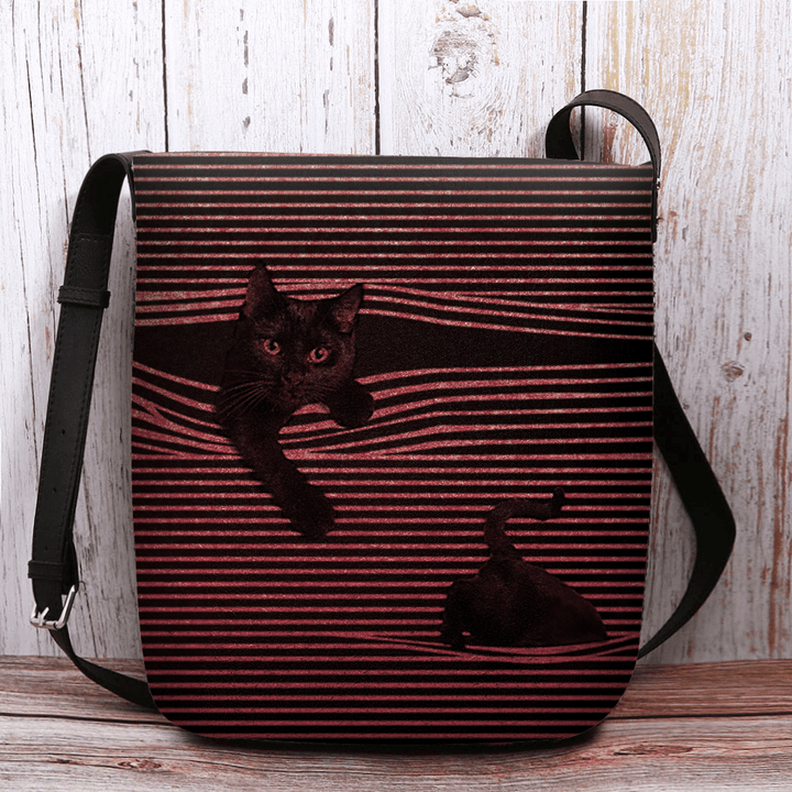 Women Felt Stripe Pattern Three-Dimensional Vision Cat Print Shoulder Bag Crossbody Bag - MRSLM