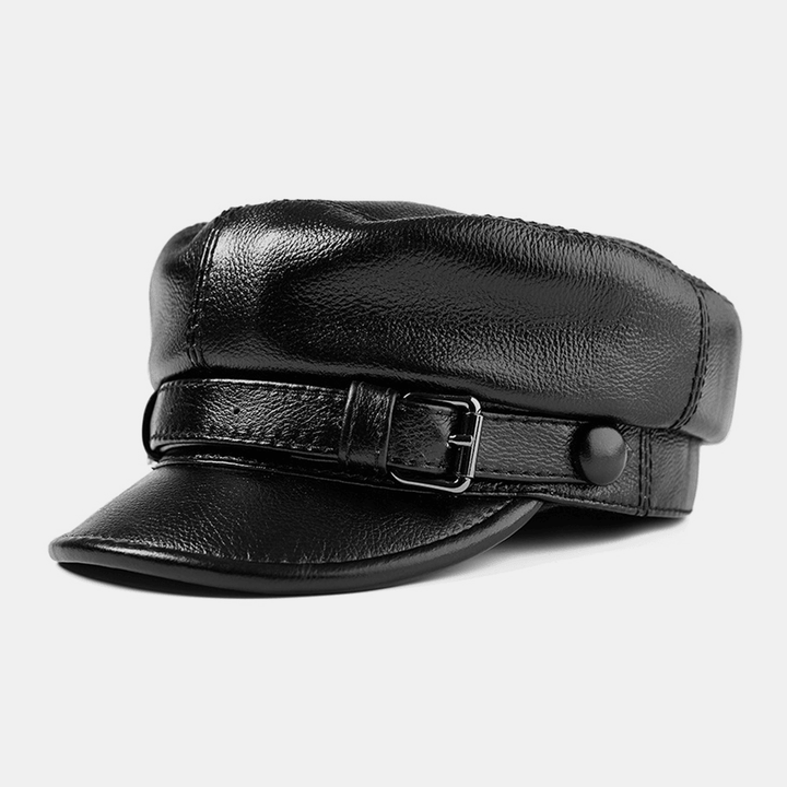 Men Genuine Leather Cowhide Retro Classical Color Military Hat Flat Hat Peaked Cap - MRSLM