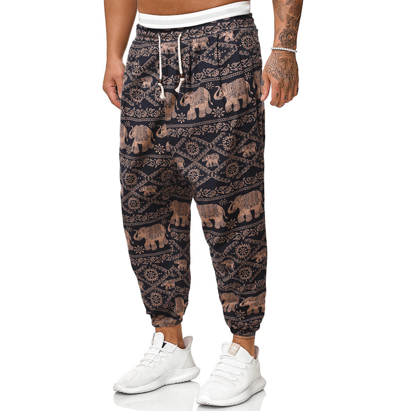 Casual Harem Pants Men'S Ethnic Style Cotton and Linen Loose Cropped Trousers - MRSLM