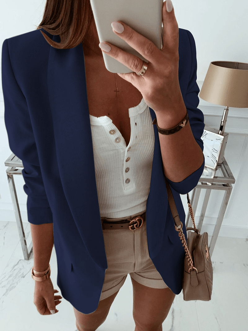 Women Solid Color Pocket Shawl Collar Elegant Long Sleeve Blazers - MRSLM