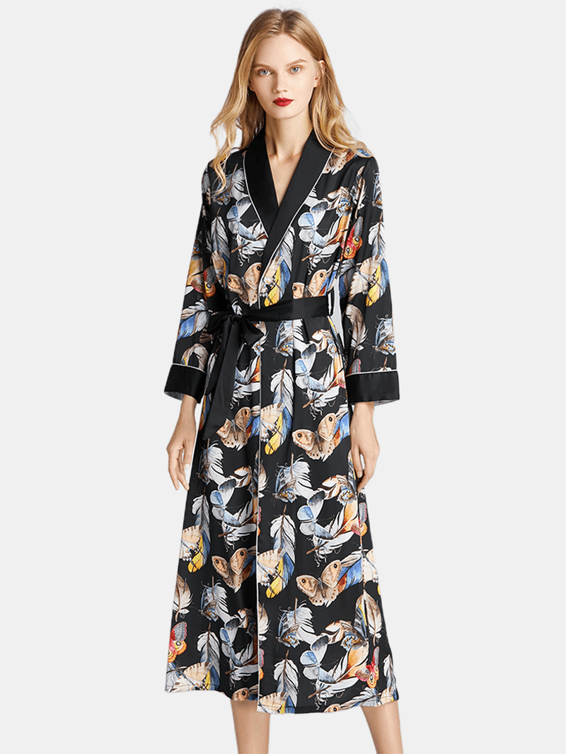 Black Satin Longlined Printed Long Sleeve Casual Bathrobe Nightgown - MRSLM