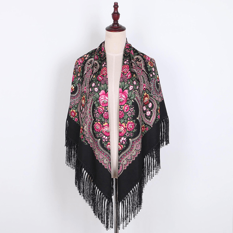 Ethnic Twill Cotton Fringed Square Scarf Retro Shawl Print Scarf - MRSLM