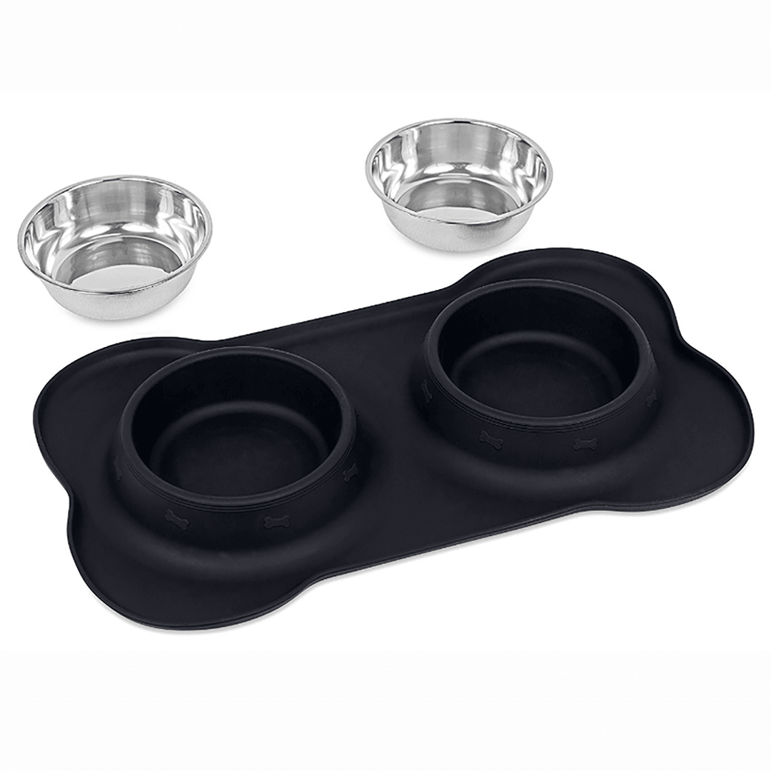 Dog Pet Bowl Stainless Steel No Spill Silicone Mat Pet Water Food Dish - MRSLM