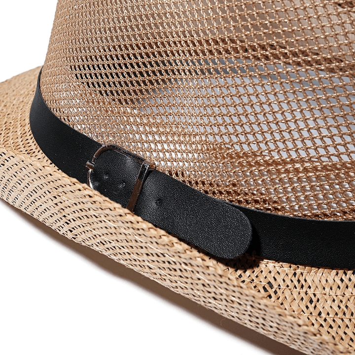 Men Outdoor Breathable Mesh Bowler Jazz Hat Cowboy Sunshade Straw Hat - MRSLM