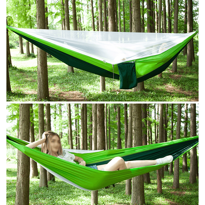 Double Person Camping Hammock with Mosquito Net + Awning Outdoor Hiking Travel Hanging Hammock Set Bearable 300Kg - MRSLM