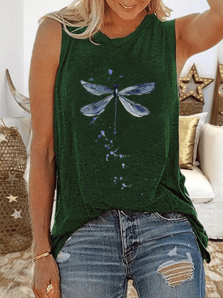 Women Dragonfly Print Sleeveless Casual Tank Tops - MRSLM