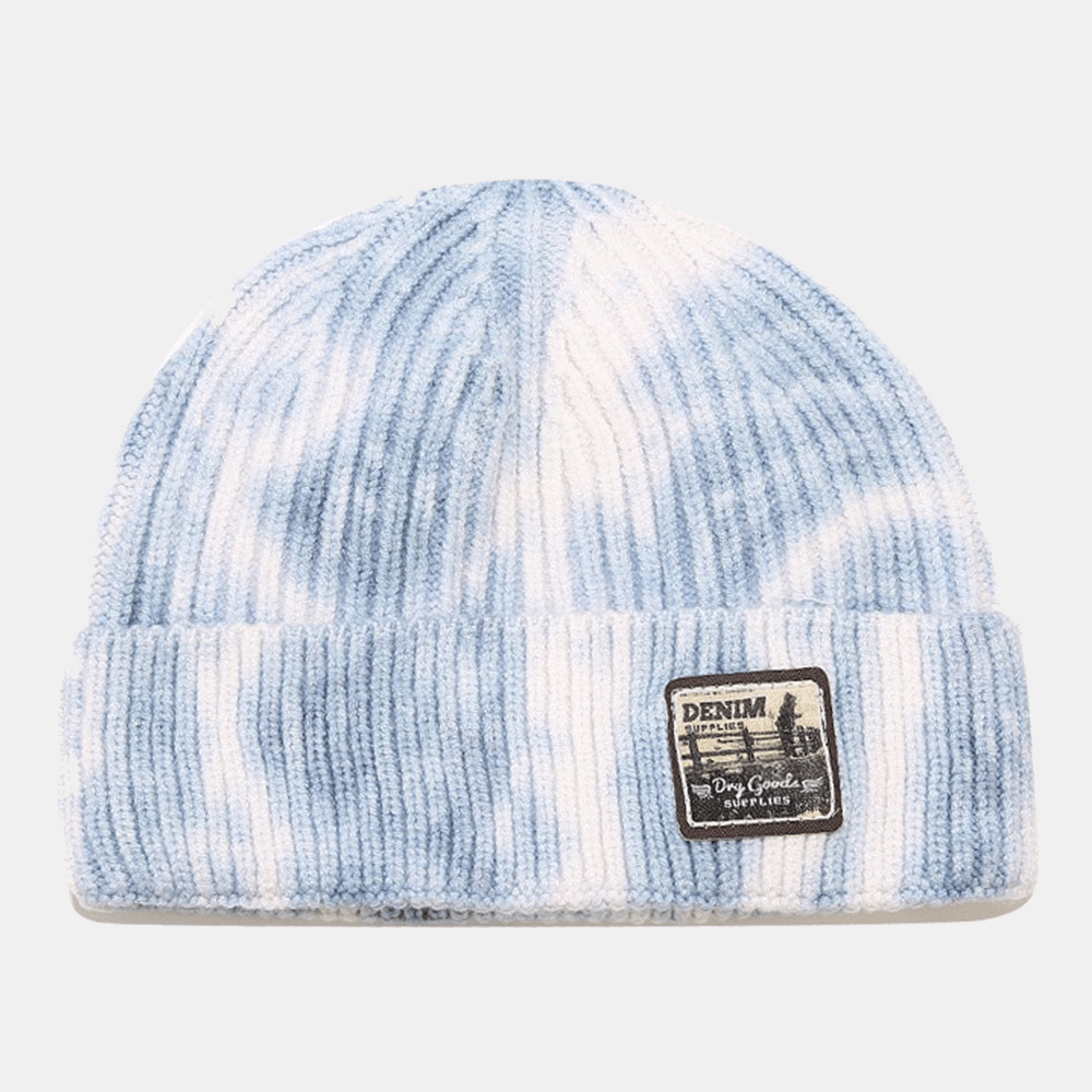 Unisex Core-Spun Yarn Knitted Tie-Dye Cartoon Pattern Patch Fashion Warmth Beanie Hat - MRSLM